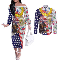 Hawaii and United States Together Couples Matching Off The Shoulder Long Sleeve Dress and Long Sleeve Button Shirt Seal of Hawaii and Bald Eagle LT03 White - Polynesian Pride
