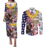 Hawaii and United States Together Couples Matching Puletasi and Long Sleeve Button Shirt Seal of Hawaii and Bald Eagle LT03 White - Polynesian Pride