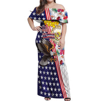 Hawaii and United States Together Off Shoulder Maxi Dress Seal of Hawaii and Bald Eagle LT03 Women White - Polynesian Pride