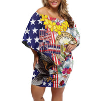 Hawaii and United States Together Off Shoulder Short Dress Seal of Hawaii and Bald Eagle LT03 Women White - Polynesian Pride