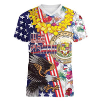 Hawaii and United States Together Women V-Neck T-Shirt Seal of Hawaii and Bald Eagle LT03 Female White - Polynesian Pride