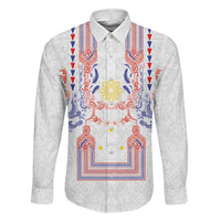 Philippines Barong Style Family Matching Mermaid Dress and Hawaiian Shirt Polynesian Kakau Art Tattoos with Tribal Filipino Sun LT03 Dad's Shirt - Long Sleeve White - Polynesian Pride