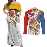 Philippines MassKara Festival Couples Matching Off Shoulder Maxi Dress and Long Sleeve Button Shirt Smile Masks with Hawaiian Art Pattern and Tropical Plants LT03 Multicolor - Polynesian Pride
