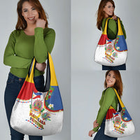 Philippines MassKara Festival Grocery Bag Smile Masks with Hawaiian Art Pattern and Tropical Plants