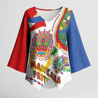 Philippines MassKara Festival Kimono Sleeve Blouse Smile Masks with Hawaiian Art Pattern and Tropical Plants LT03 Female Multicolor - Polynesian Pride