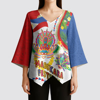 Philippines MassKara Festival Kimono Sleeve Blouse Smile Masks with Hawaiian Art Pattern and Tropical Plants LT03 - Polynesian Pride