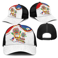 Philippines MassKara Festival Mesh Trucker Cap Smile Masks with Hawaiian Art Pattern and Tropical Plants