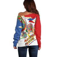Philippines MassKara Festival Off Shoulder Sweater Smile Masks with Hawaiian Art Pattern and Tropical Plants