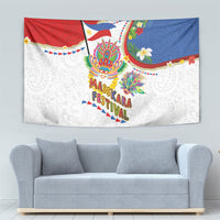 Philippines MassKara Festival Tapestry Smile Masks with Hawaiian Art Pattern and Tropical Plants