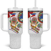 Philippines MassKara Festival Tumbler With Handle Smile Masks with Hawaiian Art Pattern and Tropical Plants LT03 One Size: 40 oz Multicolor - Polynesian Pride