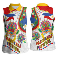 Philippines MassKara Festival Women Sleeveless Polo Shirt Smile Masks with Hawaiian Art Pattern and Tropical Plants LT03 - Polynesian Pride