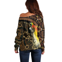 Papua New Guinea and Indonesia Batik Off Shoulder Sweater Bird of Paradise with Tribal Batik Patterns