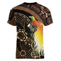 Papua New Guinea and Indonesia Batik Women V-Neck T-Shirt Bird of Paradise with Tribal Batik Patterns LT03 - Polynesian Pride