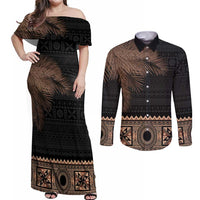 Fiji Palm Leaves Couples Matching Off Shoulder Maxi Dress and Long Sleeve Button Shirt Masi and Tapa Tribal Pattern Beige Color LT03 Beige - Polynesian Pride
