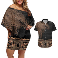 Fiji Palm Leaves Couples Matching Off Shoulder Short Dress and Hawaiian Shirt Masi and Tapa Tribal Pattern Beige Color LT03 Beige - Polynesian Pride