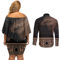 Fiji Palm Leaves Couples Matching Off Shoulder Short Dress and Long Sleeve Button Shirt Masi and Tapa Tribal Pattern Beige Color LT03 - Polynesian Pride