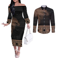 Fiji Palm Leaves Couples Matching Off The Shoulder Long Sleeve Dress and Long Sleeve Button Shirt Masi and Tapa Tribal Pattern Beige Color LT03 Beige - Polynesian Pride