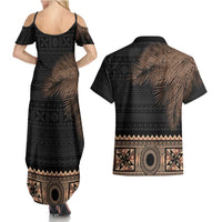 Fiji Palm Leaves Couples Matching Summer Maxi Dress and Hawaiian Shirt Masi and Tapa Tribal Pattern Beige Color LT03 - Polynesian Pride