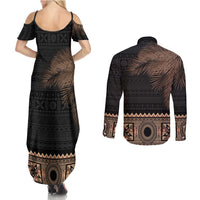 Fiji Palm Leaves Couples Matching Summer Maxi Dress and Long Sleeve Button Shirt Masi and Tapa Tribal Pattern Beige Color LT03 - Polynesian Pride
