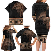 Fiji Palm Leaves Family Matching Long Sleeve Bodycon Dress and Hawaiian Shirt Masi and Tapa Tribal Pattern Beige Color LT03 - Polynesian Pride