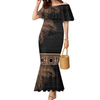 Fiji Palm Leaves Family Matching Mermaid Dress and Hawaiian Shirt Masi and Tapa Tribal Pattern Beige Color LT03 Mom's Dress Beige - Polynesian Pride