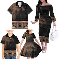Fiji Palm Leaves Family Matching Off The Shoulder Long Sleeve Dress and Hawaiian Shirt Masi and Tapa Tribal Pattern Beige Color LT03 - Polynesian Pride
