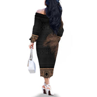 Fiji Palm Leaves Family Matching Off The Shoulder Long Sleeve Dress and Hawaiian Shirt Masi and Tapa Tribal Pattern Beige Color LT03 - Polynesian Pride
