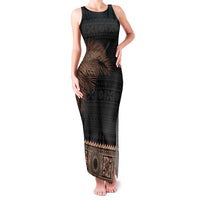 Fiji Palm Leaves Family Matching Tank Maxi Dress and Hawaiian Shirt Masi and Tapa Tribal Pattern Beige Color LT03 Mom's Dress Beige - Polynesian Pride
