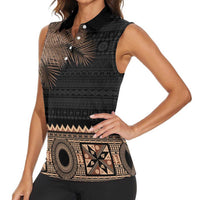 Fiji Palm Leaves Women Sleeveless Polo Shirt Masi and Tapa Tribal Pattern Beige Color LT03 - Polynesian Pride