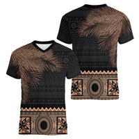 Fiji Palm Leaves Women V-Neck T-Shirt Masi and Tapa Tribal Pattern Beige Color LT03 - Polynesian Pride