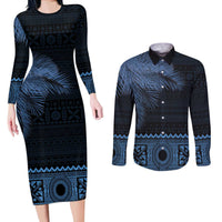 Fiji Palm Leaves Couples Matching Long Sleeve Bodycon Dress and Long Sleeve Button Shirt Masi and Tapa Tribal Pattern Blue Color LT03 Blue - Polynesian Pride