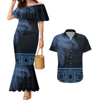 Fiji Palm Leaves Couples Matching Mermaid Dress and Hawaiian Shirt Masi and Tapa Tribal Pattern Blue Color LT03 Blue - Polynesian Pride