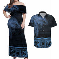 Fiji Palm Leaves Couples Matching Off Shoulder Maxi Dress and Hawaiian Shirt Masi and Tapa Tribal Pattern Blue Color LT03 Blue - Polynesian Pride