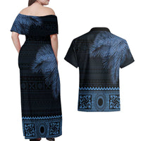 Fiji Palm Leaves Couples Matching Off Shoulder Maxi Dress and Hawaiian Shirt Masi and Tapa Tribal Pattern Blue Color LT03 - Polynesian Pride