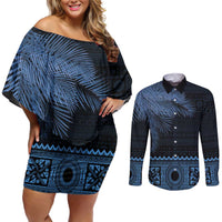 Fiji Palm Leaves Couples Matching Off Shoulder Short Dress and Long Sleeve Button Shirt Masi and Tapa Tribal Pattern Blue Color LT03 Blue - Polynesian Pride