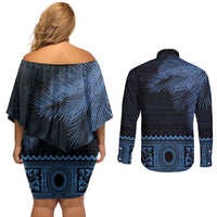 Fiji Palm Leaves Couples Matching Off Shoulder Short Dress and Long Sleeve Button Shirt Masi and Tapa Tribal Pattern Blue Color LT03 - Polynesian Pride