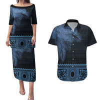 Fiji Palm Leaves Couples Matching Puletasi and Hawaiian Shirt Masi and Tapa Tribal Pattern Blue Color LT03 Blue - Polynesian Pride