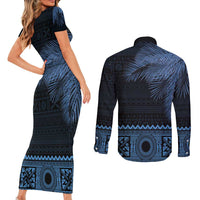Fiji Palm Leaves Couples Matching Short Sleeve Bodycon Dress and Long Sleeve Button Shirt Masi and Tapa Tribal Pattern Blue Color LT03 - Polynesian Pride