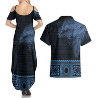 Fiji Palm Leaves Couples Matching Summer Maxi Dress and Hawaiian Shirt Masi and Tapa Tribal Pattern Blue Color LT03 - Polynesian Pride