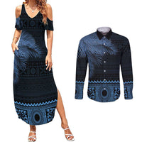 Fiji Palm Leaves Couples Matching Summer Maxi Dress and Long Sleeve Button Shirt Masi and Tapa Tribal Pattern Blue Color LT03 Blue - Polynesian Pride
