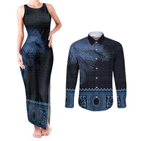 Fiji Palm Leaves Couples Matching Tank Maxi Dress and Long Sleeve Button Shirt Masi and Tapa Tribal Pattern Blue Color LT03 Blue - Polynesian Pride
