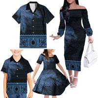 Fiji Palm Leaves Family Matching Off The Shoulder Long Sleeve Dress and Hawaiian Shirt Masi and Tapa Tribal Pattern Blue Color LT03 - Polynesian Pride