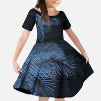 Fiji Palm Leaves Family Matching Off Shoulder Maxi Dress and Hawaiian Shirt Masi and Tapa Tribal Pattern Blue Color LT03 Daughter's Dress Blue - Polynesian Pride