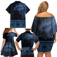 Fiji Palm Leaves Family Matching Off Shoulder Short Dress and Hawaiian Shirt Masi and Tapa Tribal Pattern Blue Color LT03 - Polynesian Pride