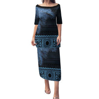 Fiji Palm Leaves Family Matching Puletasi and Hawaiian Shirt Masi and Tapa Tribal Pattern Blue Color LT03 Mom's Dress Blue - Polynesian Pride