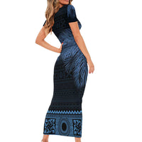 Fiji Palm Leaves Family Matching Short Sleeve Bodycon Dress and Hawaiian Shirt Masi and Tapa Tribal Pattern Blue Color LT03 - Polynesian Pride