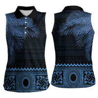 Fiji Palm Leaves Women Sleeveless Polo Shirt Masi and Tapa Tribal Pattern Blue Color LT03 - Polynesian Pride