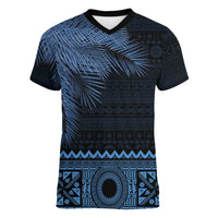 Fiji Palm Leaves Women V-Neck T-Shirt Masi and Tapa Tribal Pattern Blue Color LT03 Female Blue - Polynesian Pride