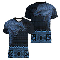 Fiji Palm Leaves Women V-Neck T-Shirt Masi and Tapa Tribal Pattern Blue Color LT03 - Polynesian Pride