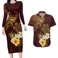 Polynesian Turtle Couples Matching Long Sleeve Bodycon Dress and Hawaiian Shirt Plumeria Hibiscus Pattern Oxblood LT03 Oxblood - Polynesian Pride